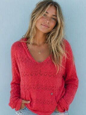 Roxy Red Knit Hoodie Sweater Women's XL Coastal Beach Surfer Boho